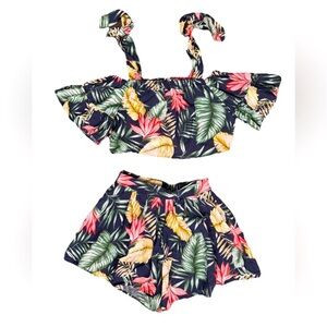 Women’s Tropical 2 Piece Cold Shoulder Crop Top And Flared Shorts Size M Hawaii
